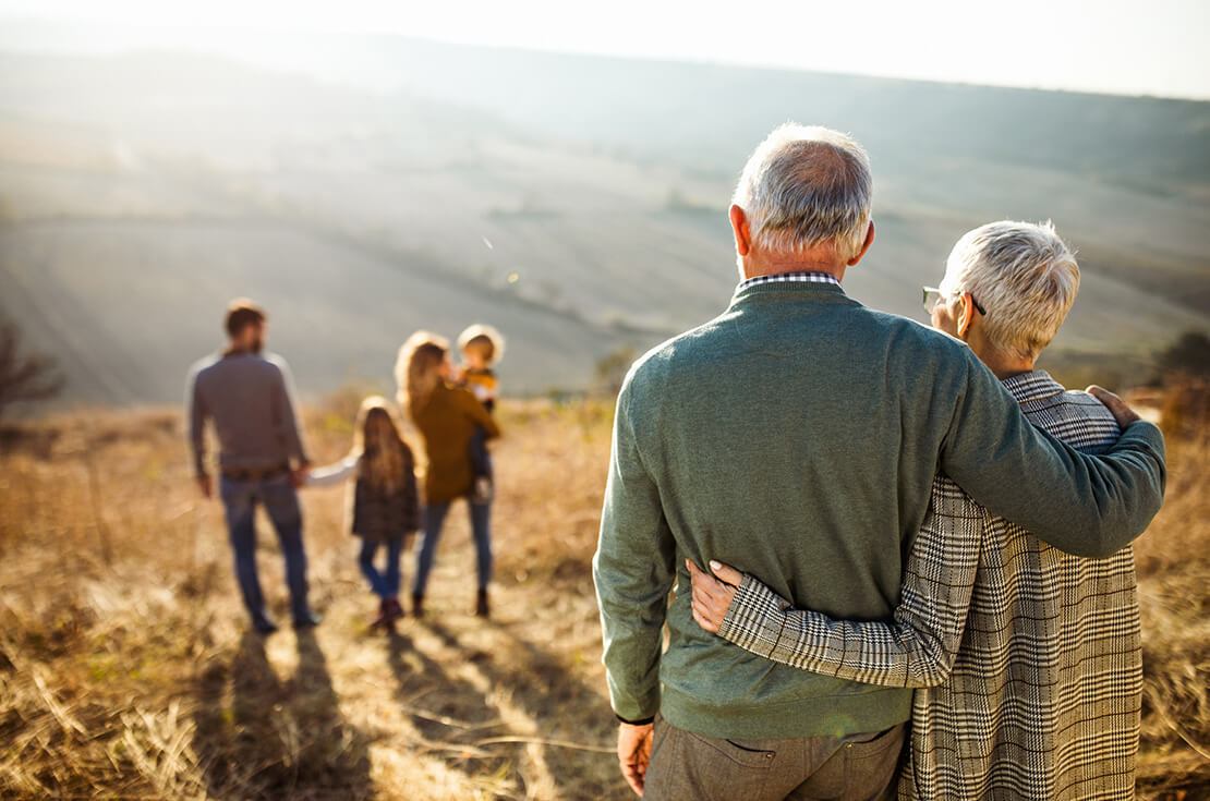 Rear view of embraced senior couple looking at their family in nature